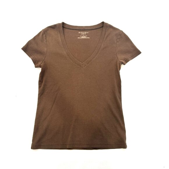 3/$30 📦 Y2K Old Navy Women's Small Baby Tee Brown V-Neck Vintage Basic Cap - Picture 1 of 8